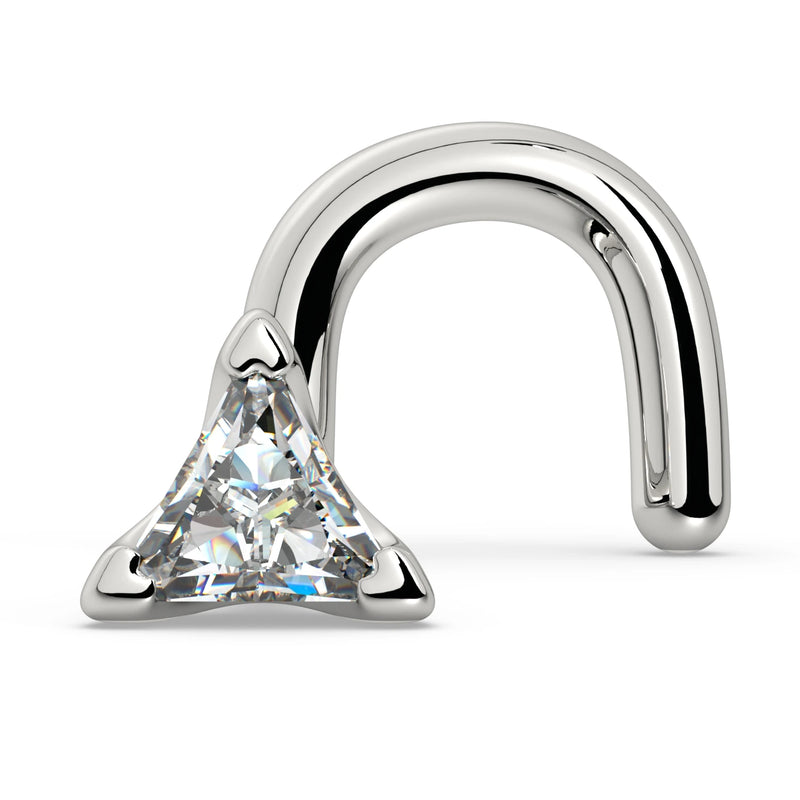 14k white gold triangle diamond nose ring with twist screw backing, angled side view
