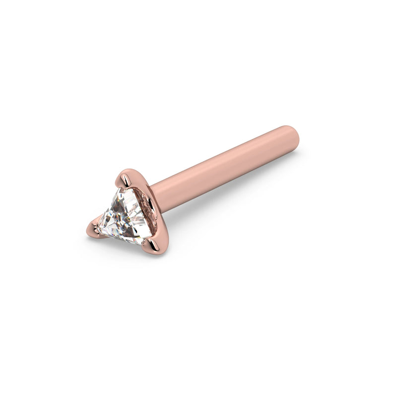 14k rose gold triangle diamond straight-post nose stud showing flat disc end, angled view