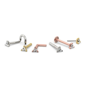 Triangle diamond nose ring in all style variants: twist, bone, L-post, flatback, and pushpin in yellow, white, and rose gold