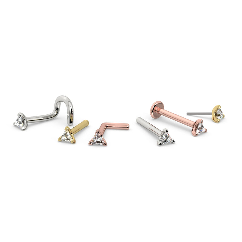 Triangle diamond nose ring in all style variants: twist, bone, L-post, flatback, and pushpin in yellow, white, and rose gold