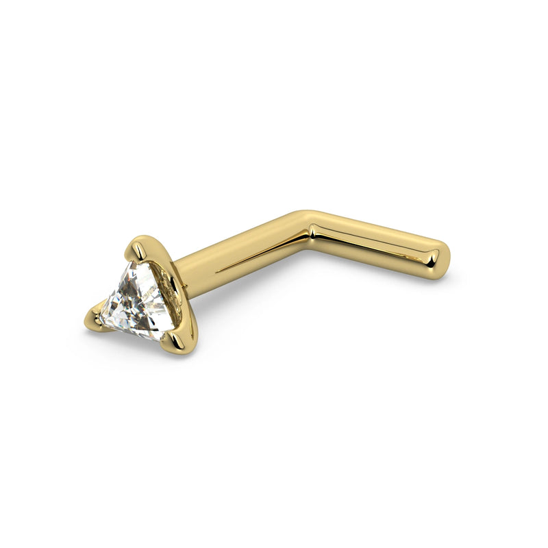 14k yellow gold triangle diamond L-post nose stud with angled L-shaped post, side view