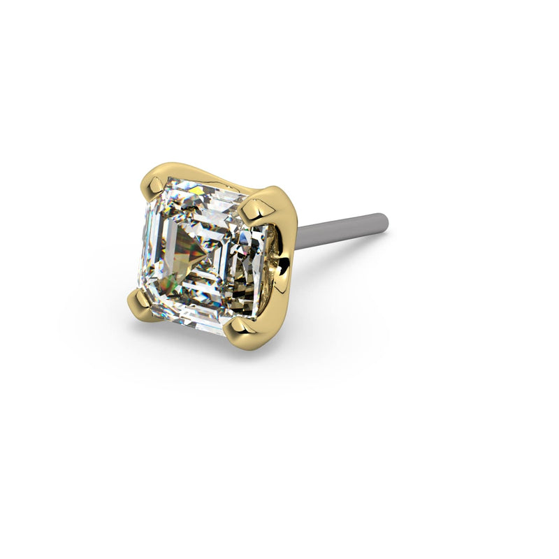 14k yellow gold 2.6mm Asscher-cut diamond pushpin end only, angled view showing step-cut facets