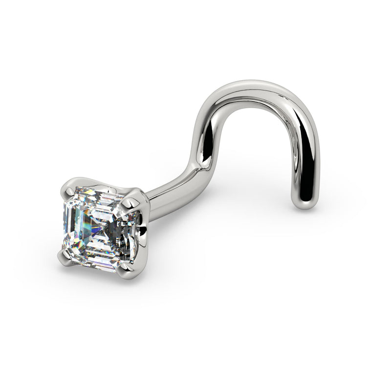 14k white gold Asscher-cut diamond nose ring with twist screw backing, angled side view