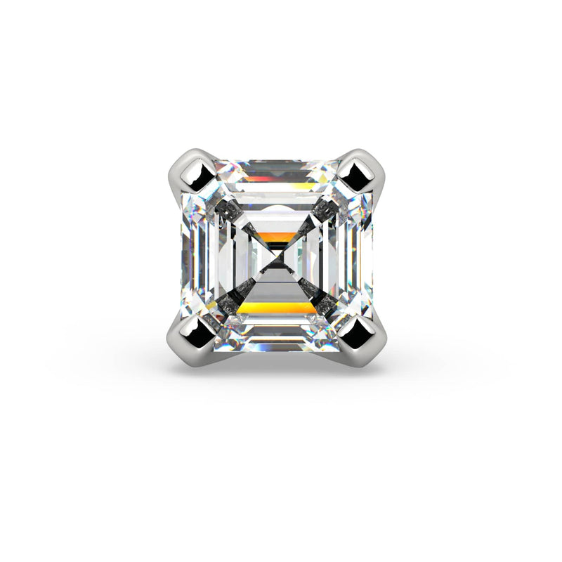 Front view of 2.6mm Asscher-cut diamond in 14k white gold four-prong setting, stepped facets visible