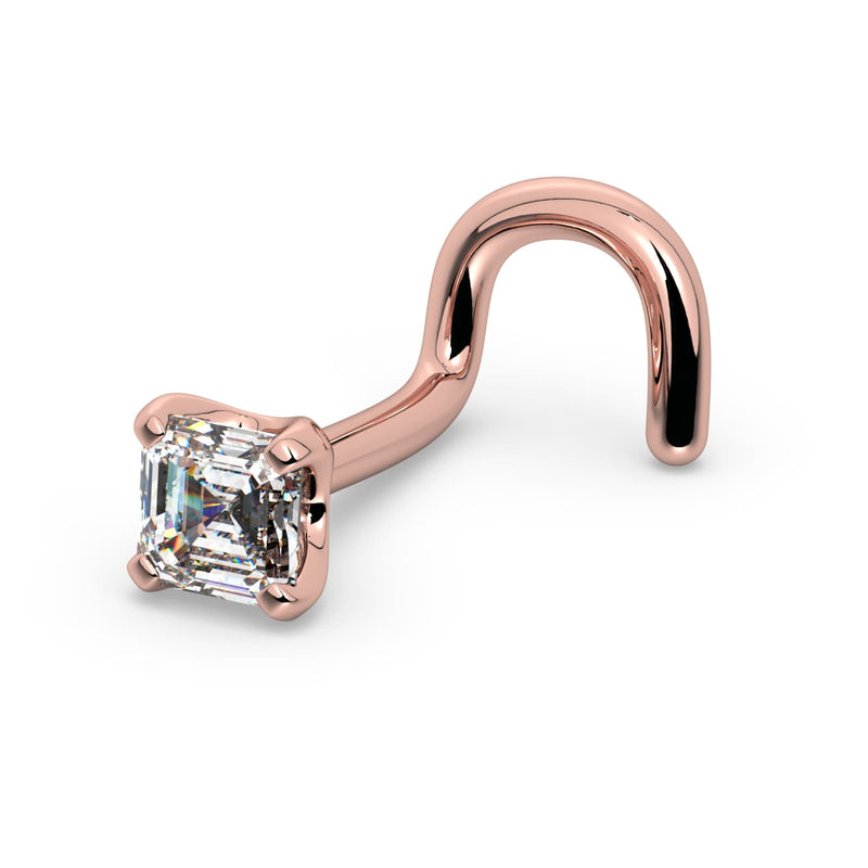 14k rose gold Asscher-cut diamond nose ring with twist screw backing, angled view showing warm tone