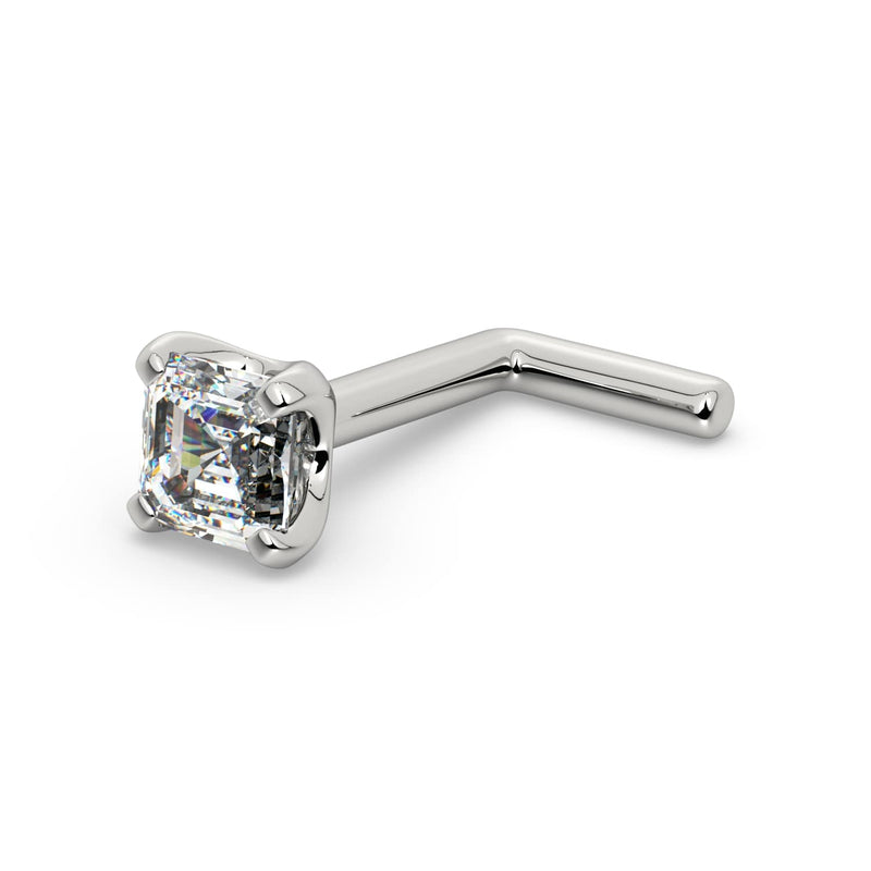 14k white gold Asscher-cut diamond nose stud with L-shaped post backing, angled view