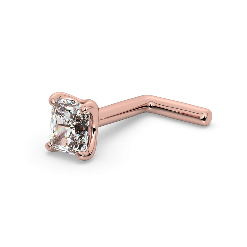 14k rose gold radiant-cut diamond L-post nose stud, angled view showing L-shaped post and prong-set stone