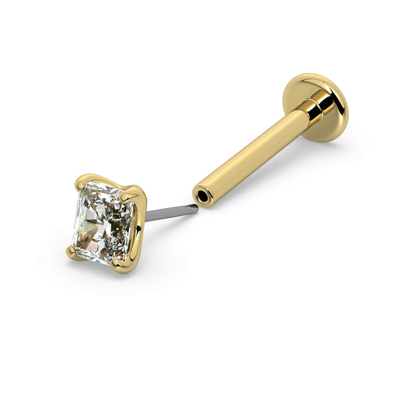 14k yellow gold radiant-cut diamond threadless labret, fully separated view showing push-pin stem and backing