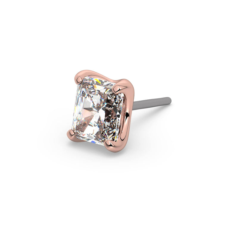 14k rose gold 2.7mm radiant-cut diamond threadless end only, angled view showing prong setting and titanium pin