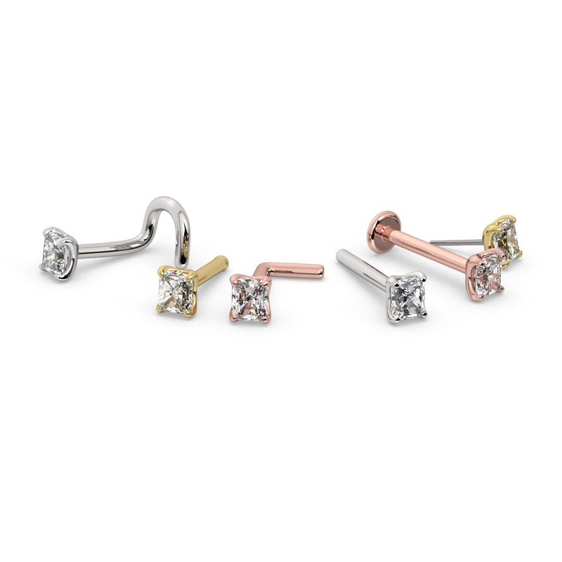 Radiant-cut diamond nose ring in yellow, white, and rose gold shown in multiple styles including twist and flatback