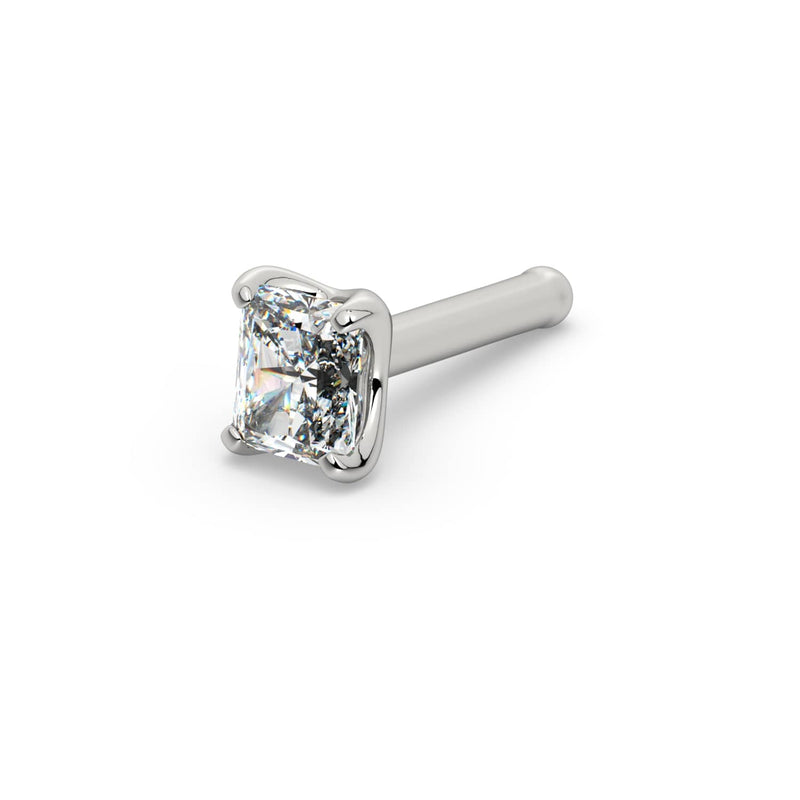 14k white gold radiant-cut diamond nose bone stud, angled view showing straight post with ball end