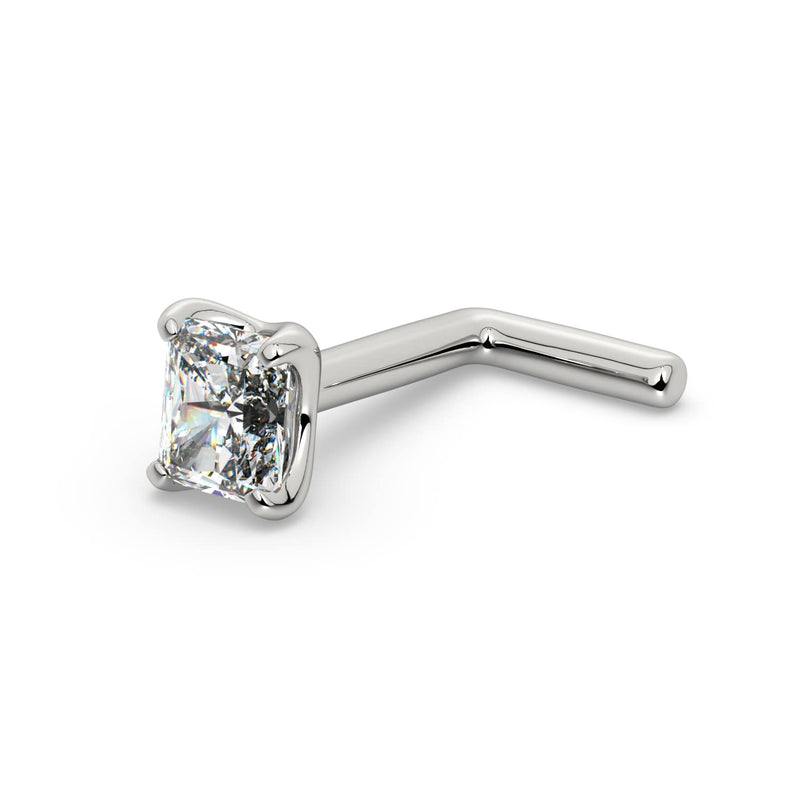 14k white gold radiant-cut diamond L-post nose stud, angled view showing right-angle post and prong setting