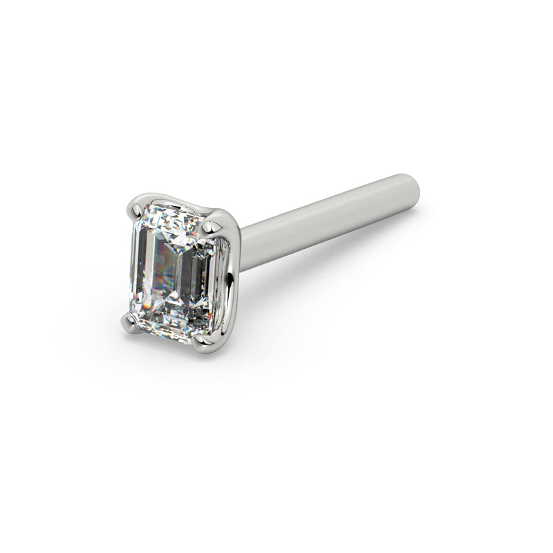 14k white gold emerald-cut diamond nose ring straight post style, angled side view