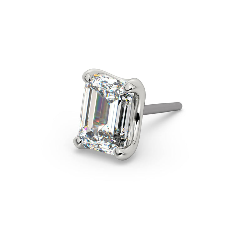 14k white gold emerald-cut diamond threadless push-pin end, angled view highlighting four-prong setting