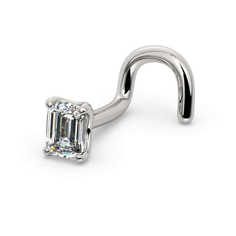 14k white gold 3mm diamond nose ring twist style, angled view showing four-prong set stone