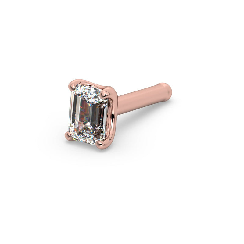 14k rose gold 3mm emerald-cut diamond nose bone stud, angled view showing bone-style post