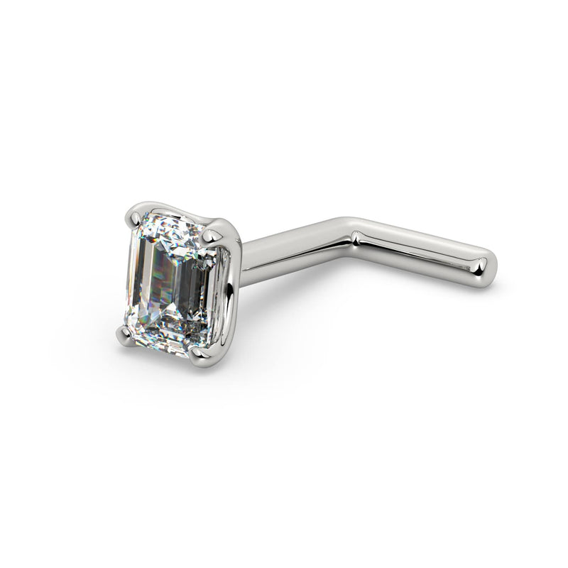 14k white gold emerald-cut diamond nose ring L-post style, angled view showing L-shaped backing