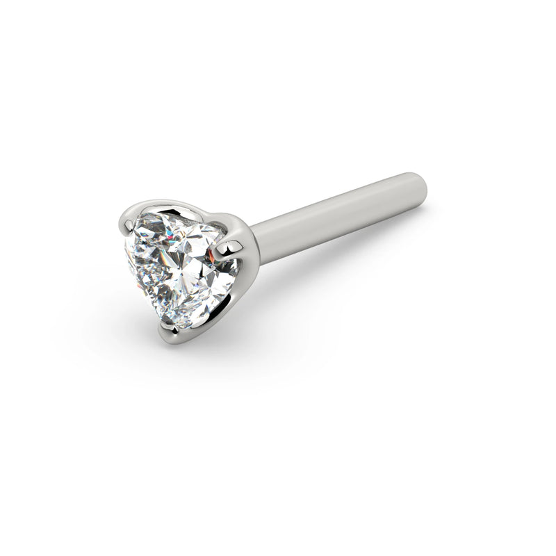 14k white gold heart-cut diamond straight post nose stud, angled view showing pin length