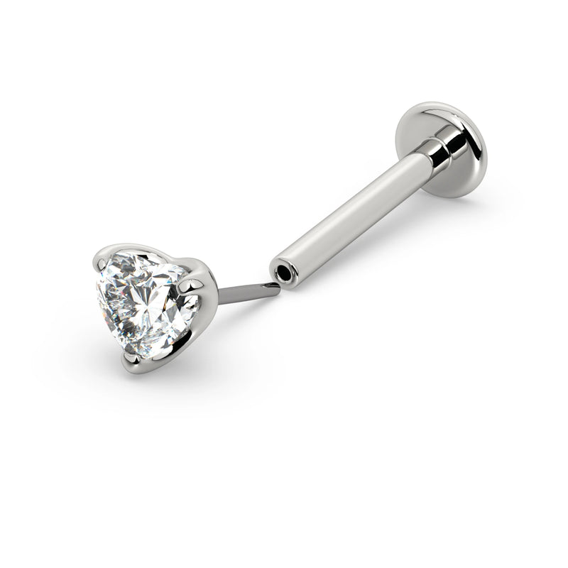 14k white gold heart diamond threadless flat back labret, side view showing push-pin post connection