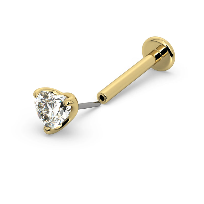 14k yellow gold heart diamond threadless flat back labret, side view showing push-pin post connection