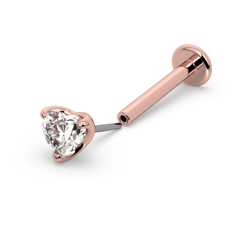 14k rose gold heart diamond threadless flat back labret, side view showing push-pin post and backing