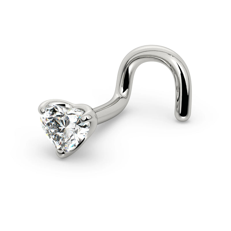 14k white gold heart-cut diamond nose ring with twist screw post, side profile detail