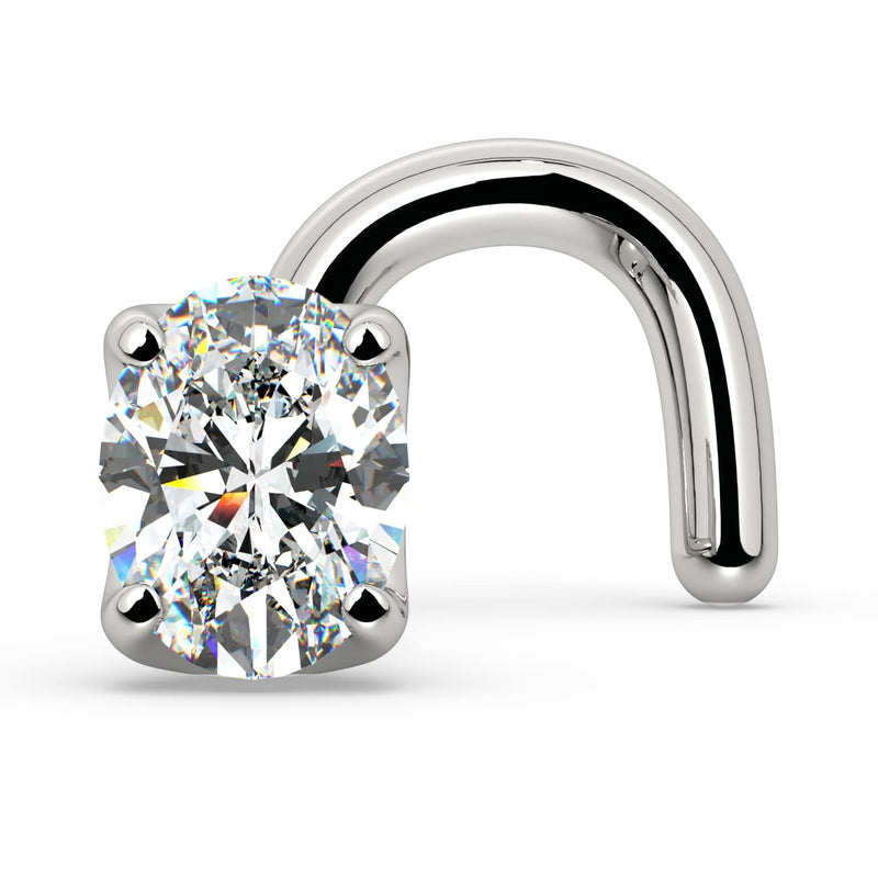 14k white gold oval diamond nose ring with twist backing, side view showing curl detail