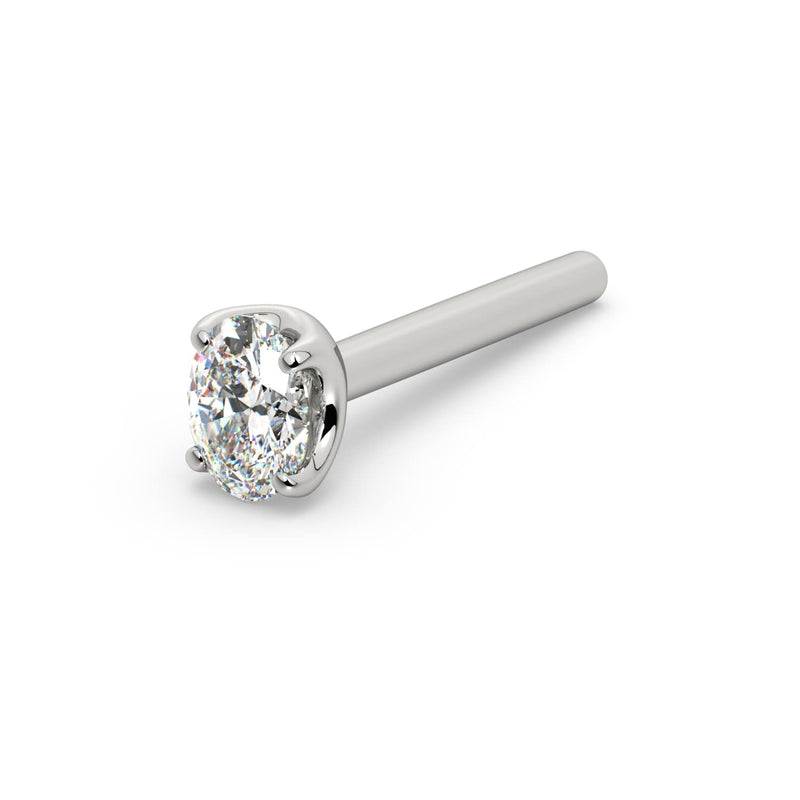 14k white gold oval diamond nose ring straight post bone style, left-facing angled view of setting