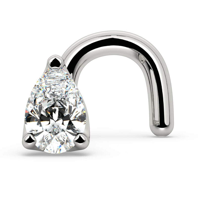 14k white gold pear-cut diamond nose ring twist style, angled view showing curved post