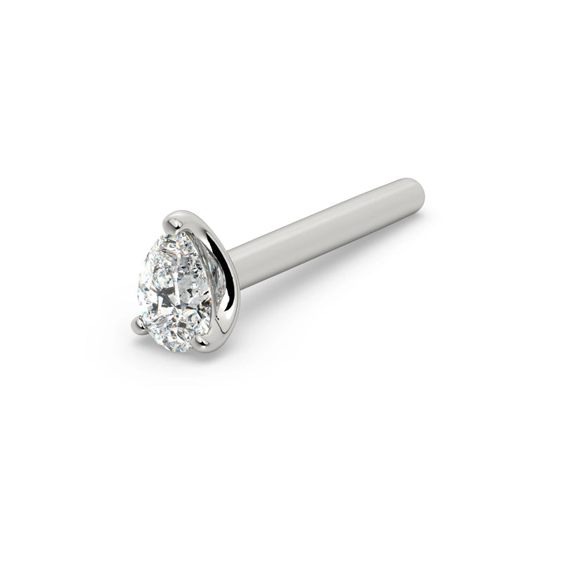 14k white gold pear-cut diamond straight-post nose stud, side view of post length and diamond end
