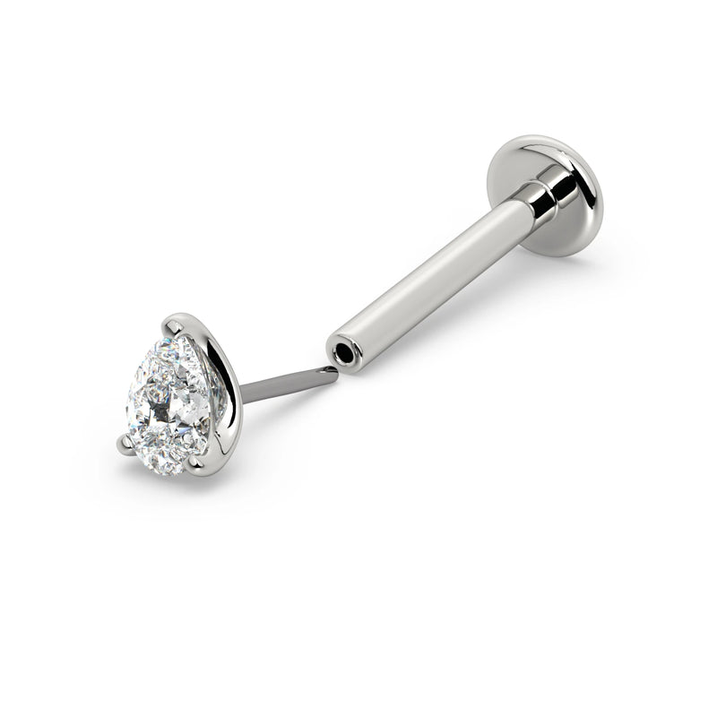 14k white gold pear-cut diamond threadless flat back labret, angled view with push-pin end detached from post