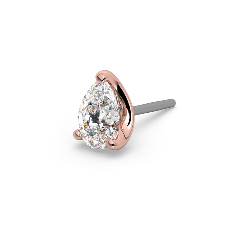 14k rose gold 3mm pear-cut diamond push-pin end only, angled view of prong setting and threadless pin stem
