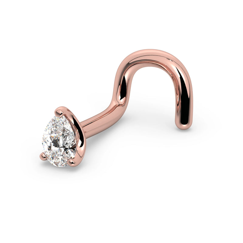 14k rose gold pear-cut diamond nose twist ring, side profile showing warm gold S-curve post