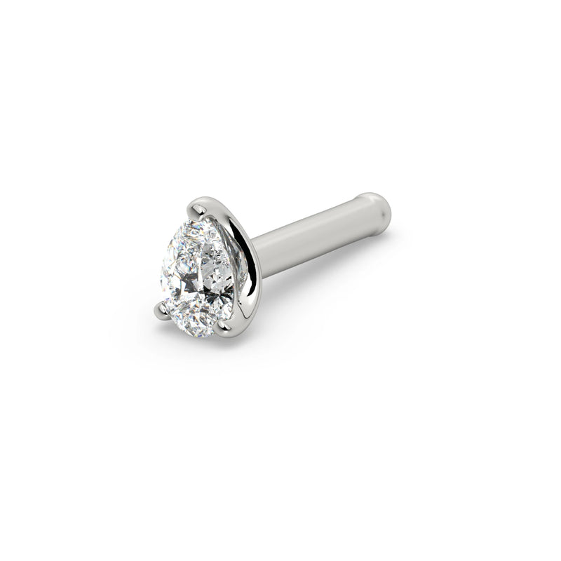 14k white gold pear-cut diamond nose bone, angled view showing straight post with rounded tip