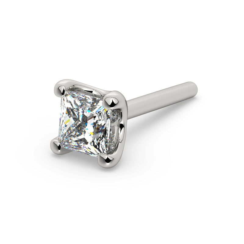 14k white gold princess-cut diamond nose stud with straight post, angled view showing post length