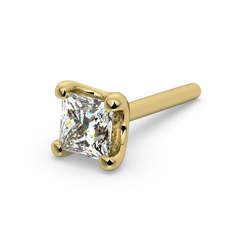 14k yellow gold princess-cut diamond nose stud with straight post, angled view showing post length