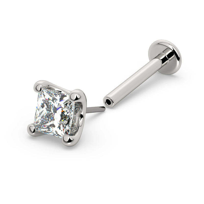 14k white gold 3mm princess-cut diamond flat back labret, angled view showing threadless post and flat disc backing