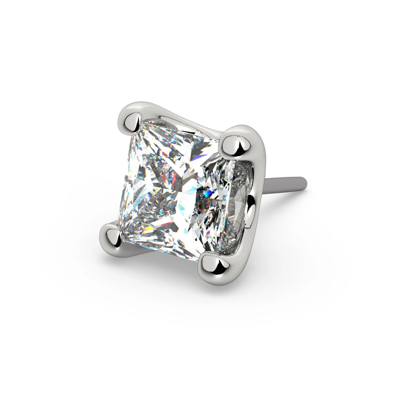 Close-up of 14k white gold 3mm princess-cut diamond threadless end showing angular facets and four ball prongs