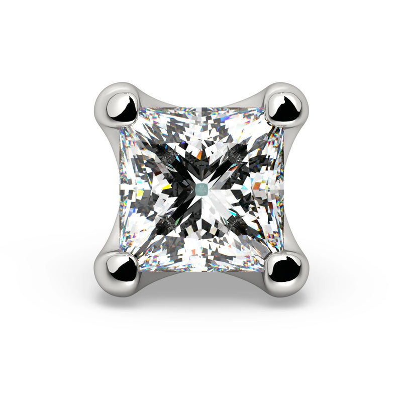 14k white gold 3mm princess-cut diamond flat back stud end, top-down front view showing faceted square diamond