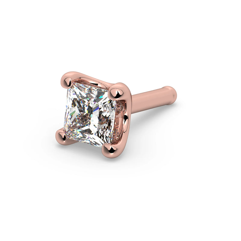 14k rose gold princess-cut diamond nose bone stud, angled view showing straight post with ball end