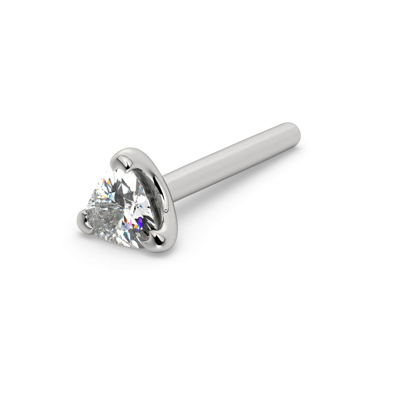 14k white gold trillion-cut diamond nose bone stud with straight post, alternate angled view