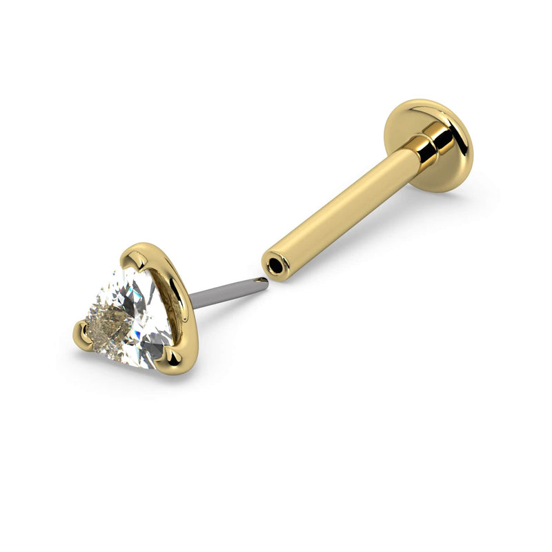 14k yellow gold trillion diamond threadless flat back labret with push-pin end separated, showing pin