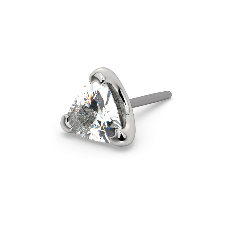 14k white gold 3mm trillion-cut diamond threadless end only, angled view showing push-pin attachment