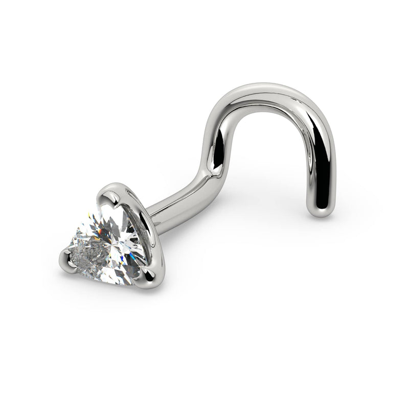 14k white gold 3mm trillion diamond nose ring with twist screw style post, side profile
