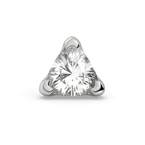 14k white gold trillion-cut diamond labret end, front view showing three-prong setting and facets