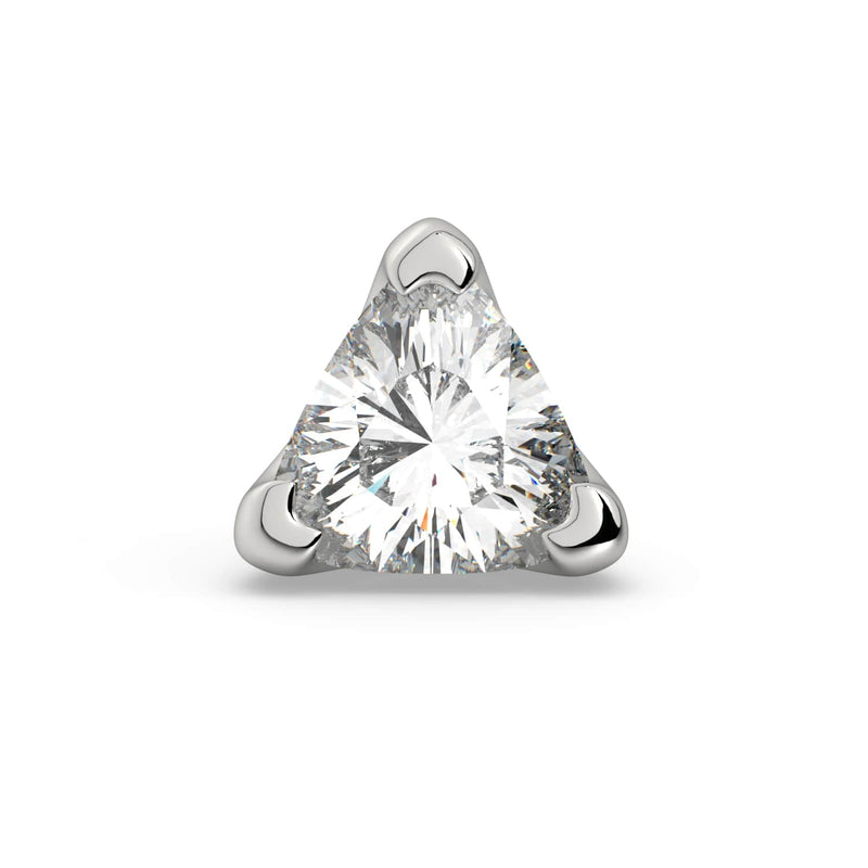 14k white gold trillion-cut diamond labret end, front view showing three-prong setting and facets