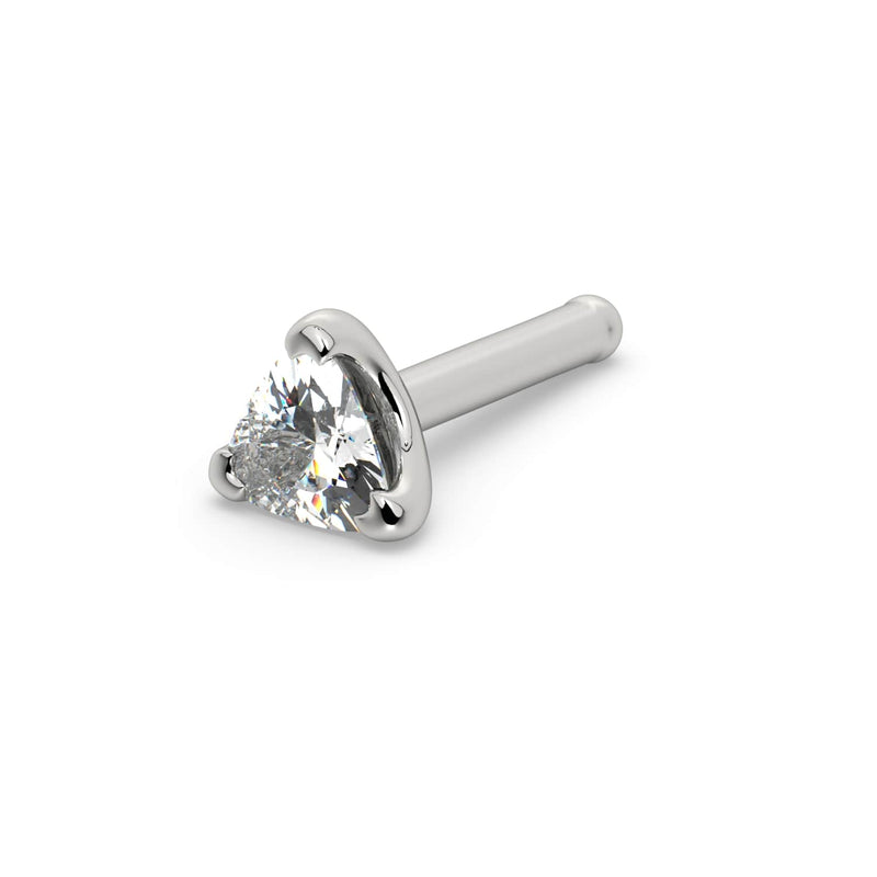 14k white gold trillion-cut diamond nose bone stud with straight post, angled view