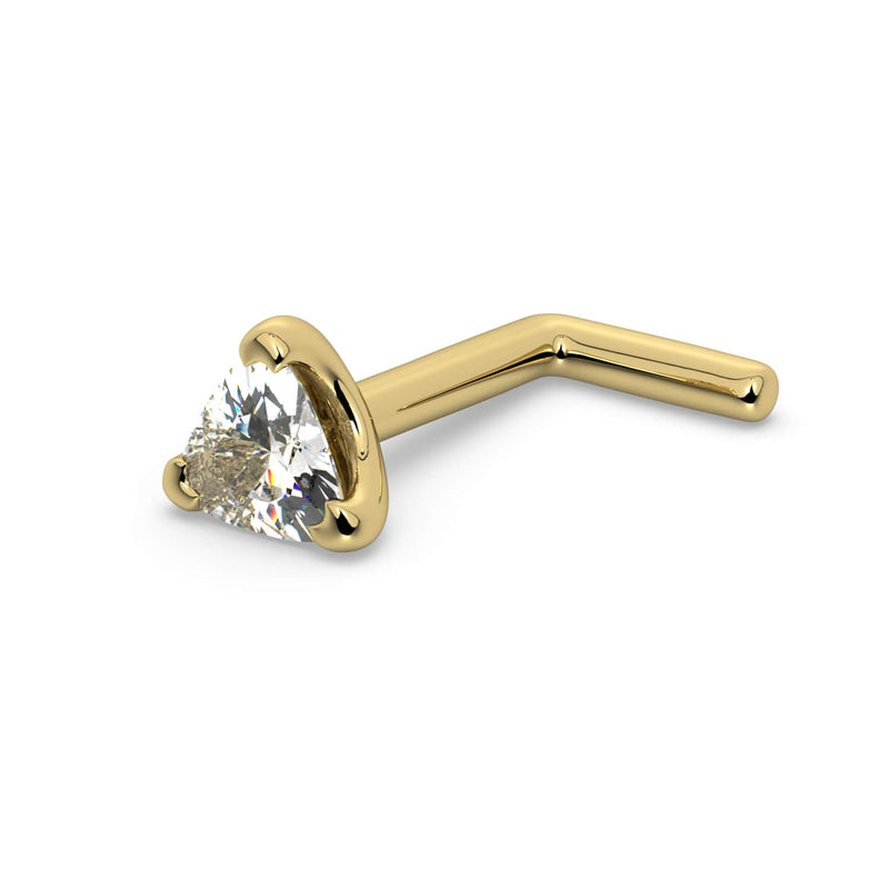 14k yellow gold trillion-cut diamond nose ring with L-post style backing, side profile view