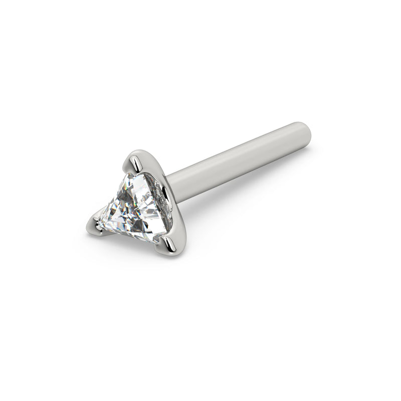 14k white gold 3mm triangle diamond straight post nose stud, full length pin view