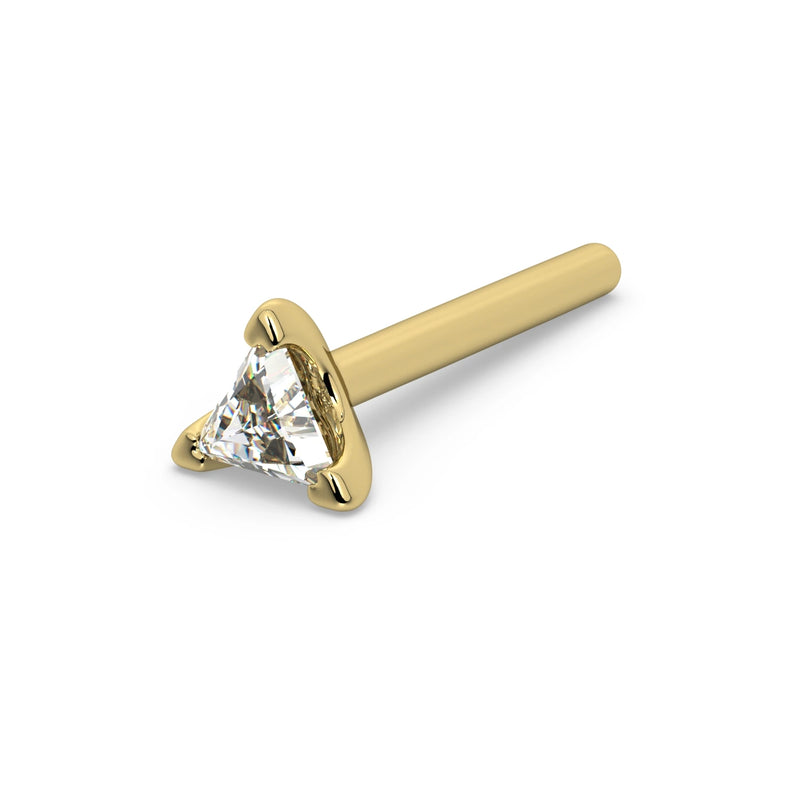 14k yellow gold 3mm triangle diamond straight post nose stud, full length pin view